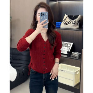 ฝรั่งเศส ถัก เสื้อสเวตเตอร์ ดีไซน์ Sensual ฤดูใบไม้ร่วง ฤดูหนาว ผู้หญิง แฟชั่นฐาน พรางหุ่น สลิมฟิต แขนยาวคอกลมแคชเมียร์ คาร์ดิเกน