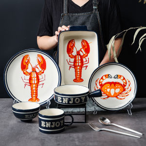 OMK Nordic style Ceramic Tableware Set Dinner Plate Bowl Rectangular Baking Pan Mug Coffee Cup