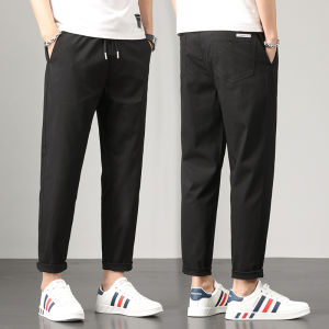 ROMON | Loose Straight Leg Mens Casual Pants Summer Thin Sporty Elastic Nine-Tenths Trousers Romon Brand Cotton Polyester Blend