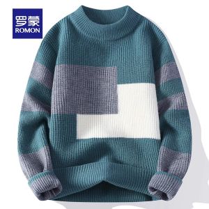 ROMON | Loose Fit Color Block Round Neck Knitwear For Men Winter Thermal Base Layer Sweater Fashionable Casual Polyester Blend Long Sleeve