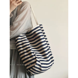 Chen Mujia Womens Striped Canvas Tote Bag New 2024 Style Casual Large Capacity Handbag with Double Root Shoulder Strap