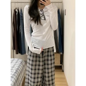 Slim Fit Long Sleeve White Snowflake Cotton Base Shirt Womens Fashionable Versatile Thin T-Shirt Commute Style round Neck