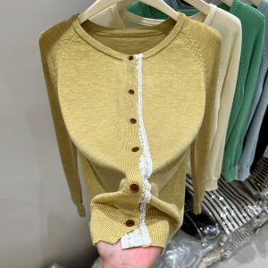 French Lace Splice Knitted Open Cardigan Womens Spring Autumn New Style Casual Outerwear Layering Self-Keeping Model