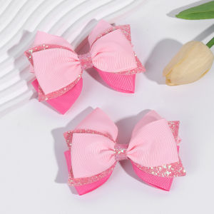 2pcs Sparkling Pink Glitter Bow Hair Clips For Girls Cute Ribbon Bow Hairpins Ideal For Gifts & Casual Attire Hair Accessories