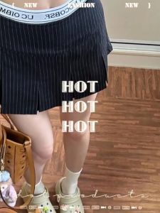 🌏SY 2สี กระโปรงสั้น กระโปรงสองชั้น เอวสูง ลายทางเอวยืด สไตล์