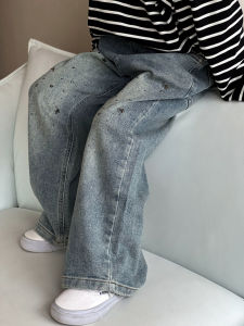 กางเกงยีนส์เด็กผู้หญิง ทรงตรง ทรงหลวม กางเกงยีนส์ลำลอง ฤดูใบไม้ผลิและฤดูใบไม้ร่วง สำหรับเด็กโต ผ้าฝ้าย 100%