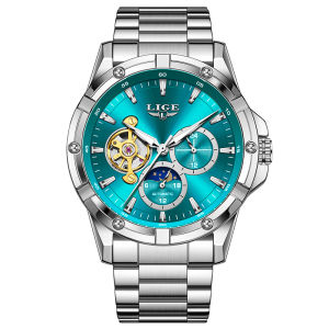 LIGE Mechanical Watch Men Automatic Tourbillon Lumious Chronograph Waterproof Sports Steel Band Watches + Box