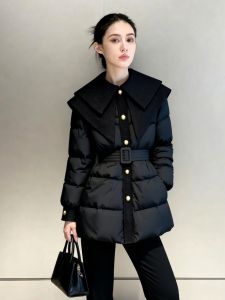 DANTING | Chic Black Turn-down Collar Fitted Down Jacket Female