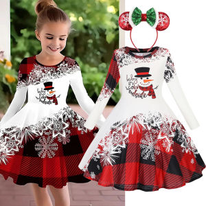 ชุดเดรสคริสต์มาสสำหรับเด็กผู้หญิง เสื้อผ้าฤดูใบไม้ร่วงฤดูหนาว 2026 ใหม่ เด็กน่ารักลายการ์ตูนพิมพ์ลายแขนยาว ชุดลำลองสำหรับงานปาร์ตี้คริสต์มาส