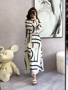 Impression Fashion Women Elegant O-neck Printing Chiffon Long Sleeve Tunic High Waist A-line Maxi Dress with Belt