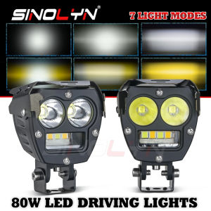 80W Night Ranger Auxiliary Lights Mini Driving Light Work Light Bar Spot Pod 7 Modes White Yellow 3000K 6000K Waterproof Spotlight For Motorcycle Car Headlight Bumper Accessories