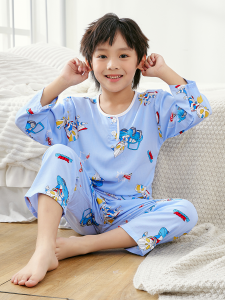 Kids Pajamas Boy Summer Cotton Silk Thin Long-Sleeve Suit Childrens Boy Dinosaur Cotton Silk Air Conditioning Room Homewear