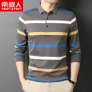 Nanjiren 100% Cotton T-shirt Mens Long-Sleeved Lapel Autumn Fashionable Young and Middle-Aged Business Casual Polo Shirt Mens Striped
