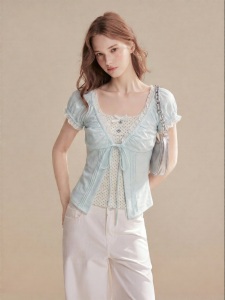 QIAOJIAOYA | Blue Lace Bell Sleeve Short Sleeve Shirt Set