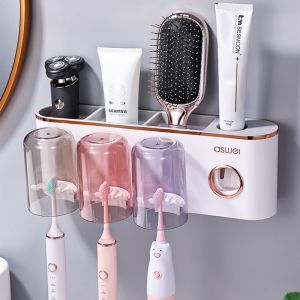 Bathroom Plastic Wall-Mounted Toothbrush Holder Toothpaste Dispenser Cup Storage Organizer No-Drilling Toothbrush Rack