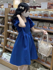 Klein Blue Summer Short Sleeve Dress Womens Loose Fitting Bubble Hem A-Line Mini Dress Sweet Japanese Style High Waist Gown