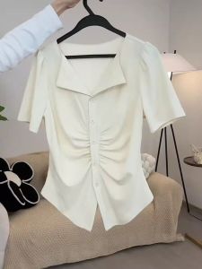 Slim Fit French Collar Short Sleeve T-Shirt Womens Summer Top plus Size Waist-Cinching Casual Style Solid Color Asymmetric