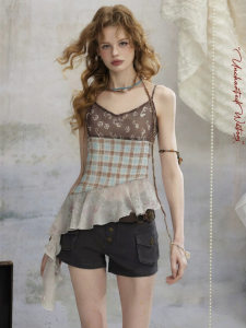Unifree | Plaid Small Floral Print Light Weight Retro Boho Asymmetric Spaghetti Strap Blouse