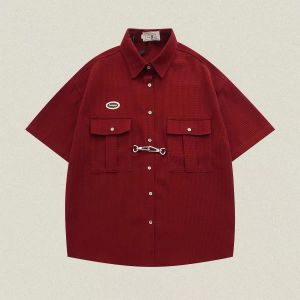 Summer Metal Button Waffle Long Sleeves Shirt American High Street Handsome Couple Shirt Men and Women Neutral Baggy Coat