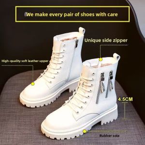Thick Bottom Martin Boots Womens Autumn Winter Fleece Lined Warm White Boots Heightening Female Shoes Side Zipper Pure Color Street Style Short Tube Rubber Outsole