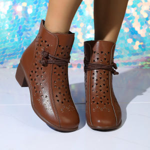 2025 Summer New Womens Fashion Hollow-Out Soft Sole Mid-Heel Ankle Boots Retro Breathable Comfortable Shoes