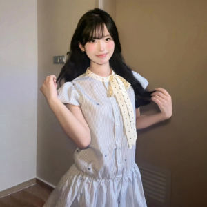 BeautyMark | Korean Style College Girl Blue Stripes Dress Summer 2025 New High Waist A-Line Skirt Bubble Hem Short Dress Sweet Bubbles
