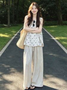 ZHENMANZI | Sleeveless Dots Top Wide Leg Pants Set