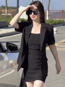 Black Suit Jacket Women Summer Thin New High-End Feel Strap Dress Professional Short Sleeve Suit Set Two-Piece Fashion Ensemble