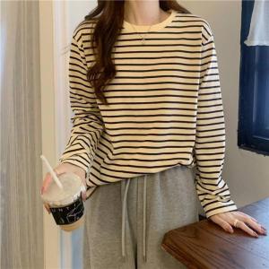 Womens round Neck Long Sleeve T-Shirt Striped Loose Slimming Casual Base Shirt Spring Autumn Fashion New Arrival