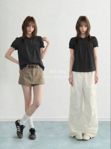 ARCG | Black Lace Stand Collar Puff Sleeve Short Sleeve Shirt