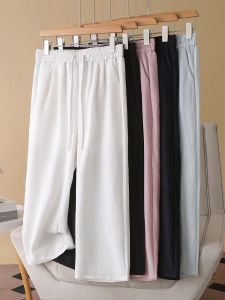 กางเกงขายาวทรงตรงเอวสูงผ้าฝ้ายลินินสไตล์ลำลองสำหรับฤดูร้อนใหม่สำหรับผู้หญิงไซส์ใหญ่ กางเกงขายาวทรงตรงทรงหลวมๆ ทรงหลวมๆ สไตล์เกาหลี