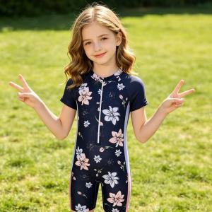 Girls Surf and Swim Short Sleeve Semi Zippered One-piece Swimming Suit