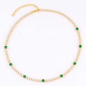 Emerald Cubic Zircon CZ Hip Hop Tennis Chain Necklace Gold Plated Green Crystal Street Party Jewelry Choker Statement Jewelry