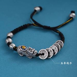 Handmade Tibetan Silver Bracelet with Xi Wang Coin for Men And Women Lucky Charm Vintage Copper Money Couple Hand Jewelry