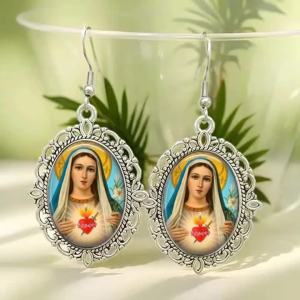 Classic Virgin Mary Sacred Heart Glass Drop Earrings Victorian Oval Dangle Jewelry For Women Girls Religious Gift Accessories