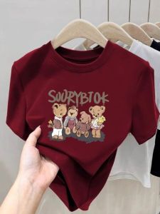 Áo Thun Cotton Tay Ngắn Màu Đỏ Rượu Vang Cho Nữ Mùa Hè Dáng Rộng Cỡ Lớn Dáng Rộng Thoải Mái Chất Liệu Cotton Phong Cách Hàn Quốc