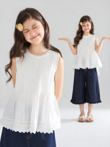 MUCMUKN | Cotton Heavy-duty Pleated Lace Sleeveless Blouse Girl Summer