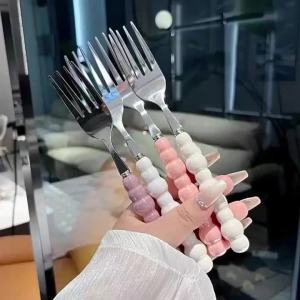 Nĩa Thép Không Gỉ Có Tay Cầm Ngọc Trai Dụng Cụ Ăn Uống Đa Năng Dùng Cho Bít Tết Salad Tráng Miệng Mì Ý - Nĩa Kim Loại Sang Trọng
