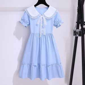 Girls Summer Dress Short Sleeve School Uniform Style Childrens Clothing A-Line Skirt Casual Mix Fabric Trendy Little Girl Dress