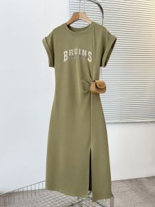 Plus Size Fat Sister Unique Print Letters Pleated Waist Tight Dress Womens Irregular Slit Flying Sleeve Bottoming Skirt