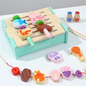 【S.mart】Wooden BBQ lacing skewers blocks pretend play toy set