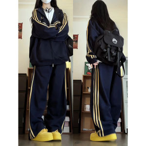 หลวม ขากว้าง กางเกง ชุดสองชิ้น สีดำ ลำลอง ชุดกีฬา ผู้หญิง หลวม Fit เสื้อสเว็ตเชิ้ต ฤดูใบไม้ร่วง สไตล์อเมริกัน พลัสไซส์