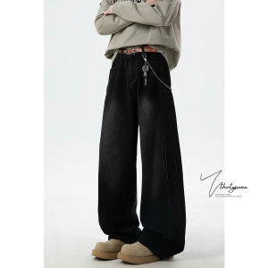 V37 American Washed Vintage Mens Jeans High Street Loose Wide Leg Long Trousers Autumn Trendy Brand Straight Cut Pants