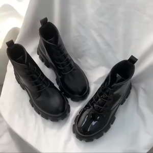 Korean Style PU Leather Ankle Boots with Thick Sole and Low Heel