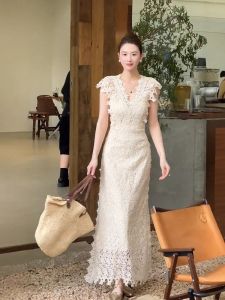 Elegant French Style Lace Dress Womens Summer New V-neck Slimming Long Dress Ball Gown Soft Polyester High Waist Short Sleeve