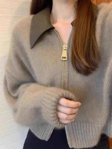 Chic Short Knitted Sweater Polo Collar Splicing Design Womens Fashionable Autumn Winter New Style Korean Version Open Cardigan