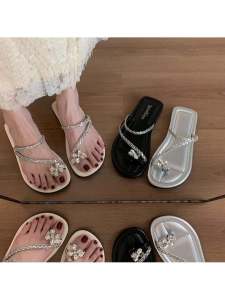 Beach Ready Flat Bottom French Style Sandals Fairy like Summer Beautiful Skirt Rhinestone Slippers Casual Flat Heel PVC Outsole