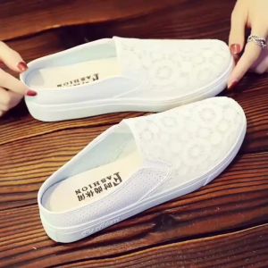 Women Korean Fashion Mesh Slip On Half Shoes Lightweight  Flat Comfort Casual Black Rubber Shoes For Women On Sale