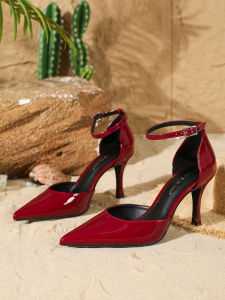 Womens Burgundy Fashion Patent Leather Pointed-Toe Heels