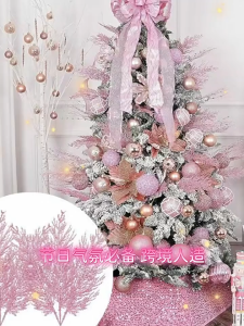 10PCS Christmas Tree Decoration Artificial Pine Tree Glitter Stems Christmas Decorations for Home 2025 New （Pink）